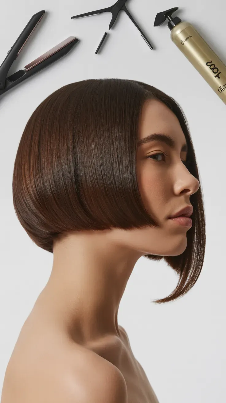 Woman with an A-line bob cut shorter in back and longer at the chin