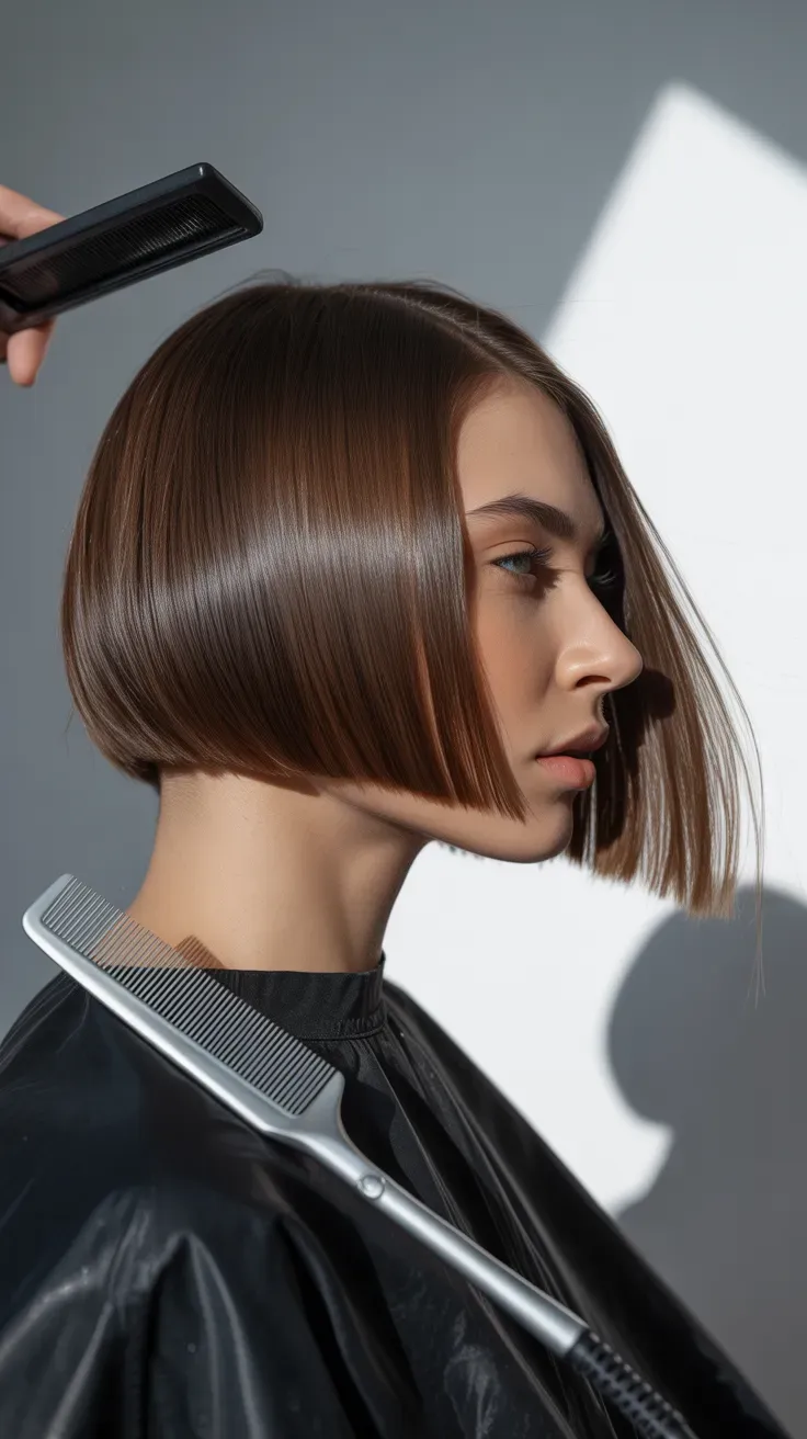 Woman with an angled bob cut with a sharp diagonal line to the chin
