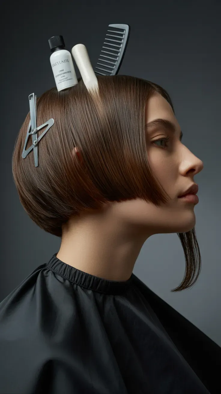 Woman with an asymmetrical bob cut shorter in the back and longer in front