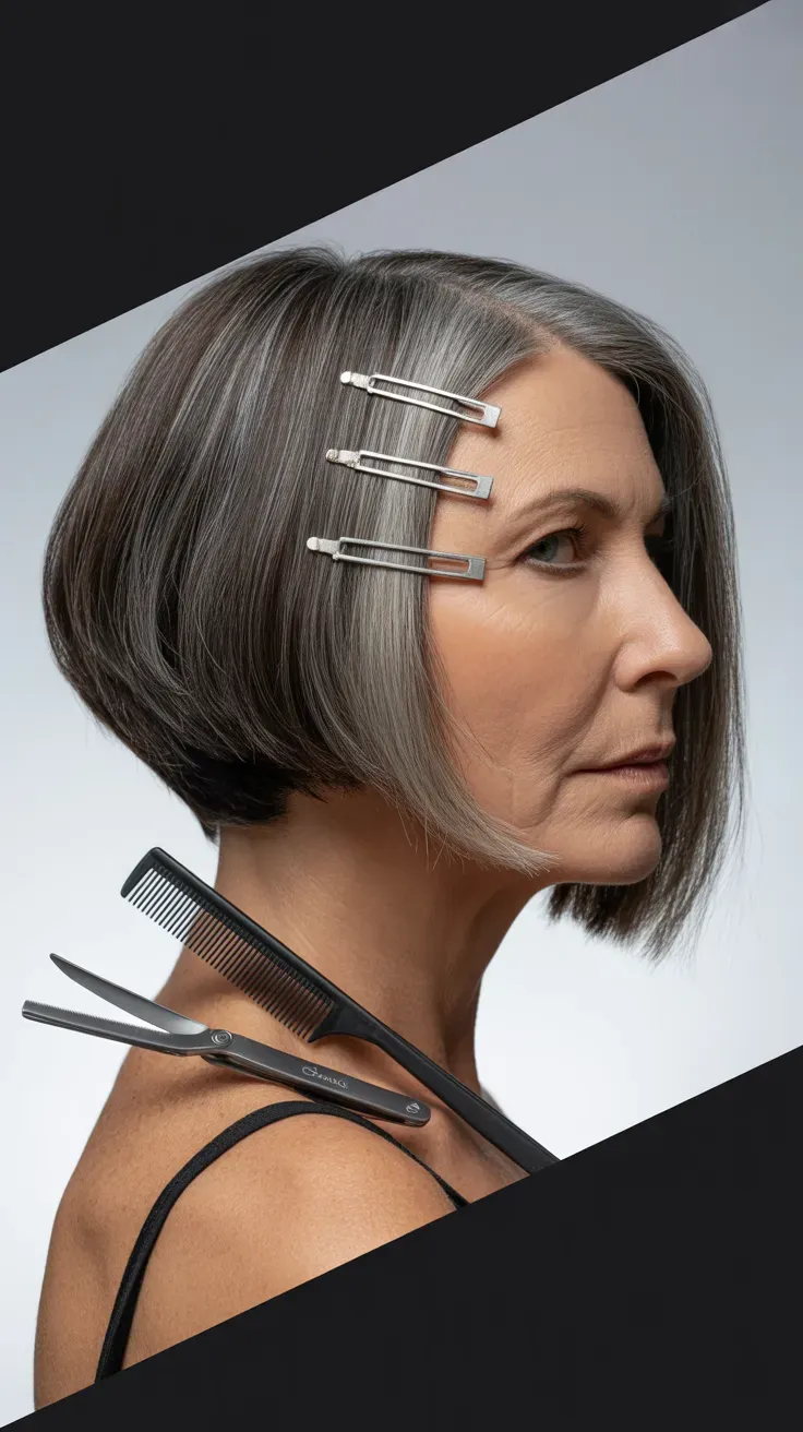 Woman over 50 with an asymmetrical bob showcasing natural gray hair, shorter on one side