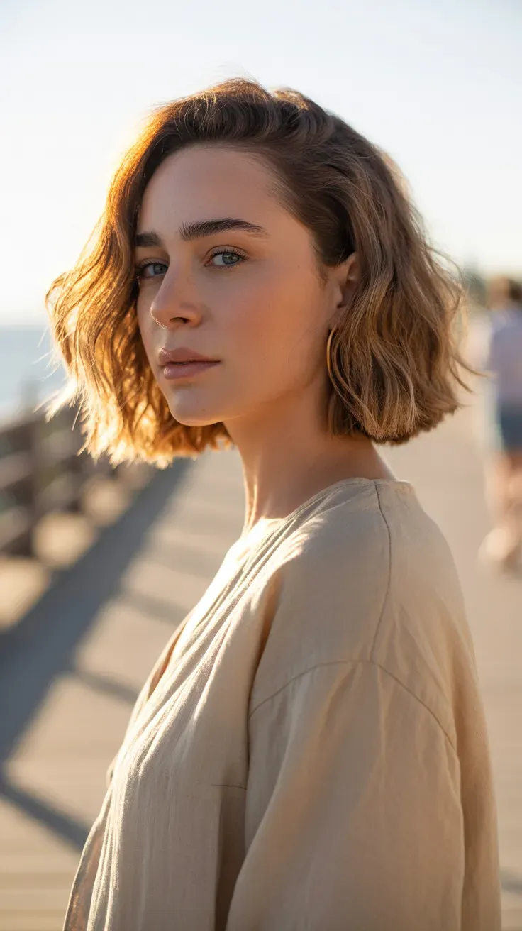Woman with a shoulder-length bob styled with soft beachy waves