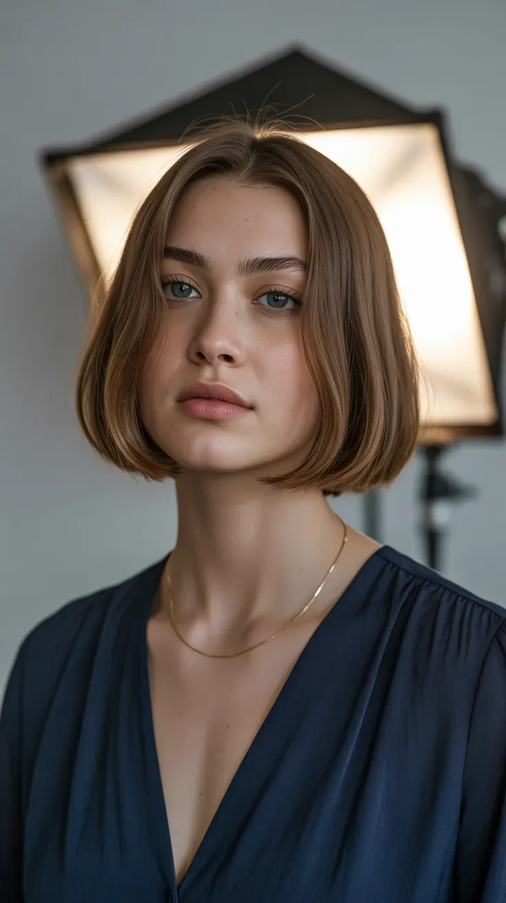 Woman with a blunt-cut chin-length bob designed to look denser at the ends