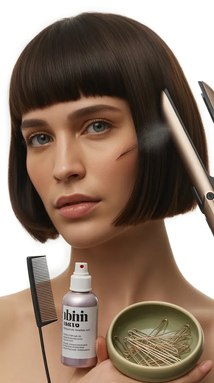 Woman with a sharp blunt bob and full fringe framing her face