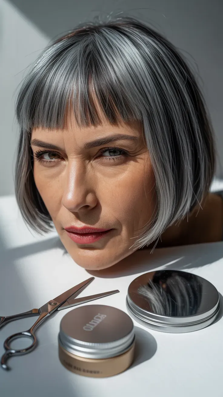 Woman over 50 with a blunt gray bob paired with a short, bold micro fringe