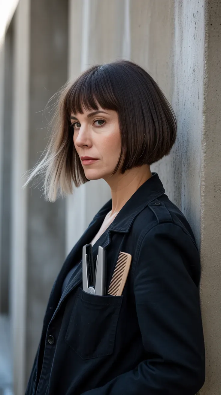 Bob haircut with an asymmetrical fringe on woman with thin fine hair