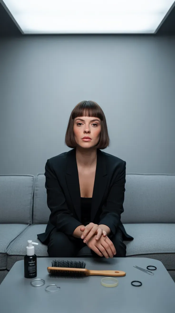 Bob haircut with blunt fringe on woman with thin fine hair