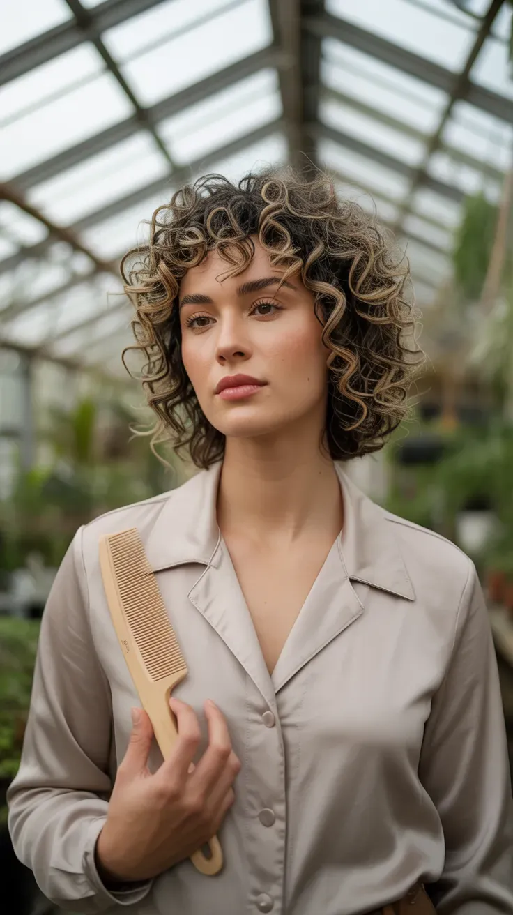 Curly bob haircut with a natural curly fringe on woman with thin fine hair
