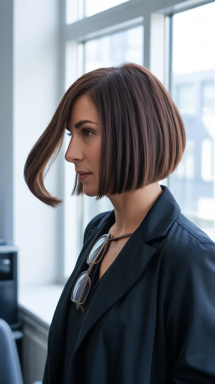 Bob haircut with a deep side-part fringe on woman with thin fine hair