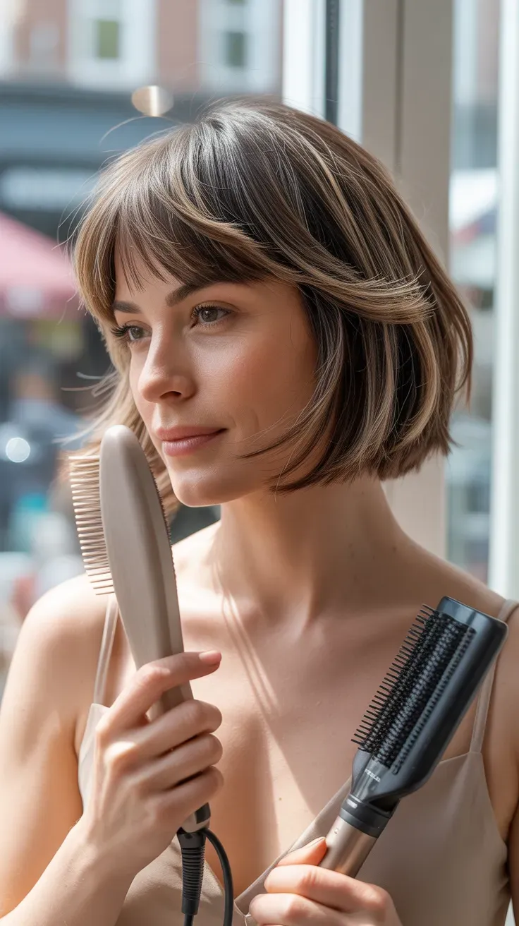 Bob haircut with feathered fringe on woman with thin fine hair