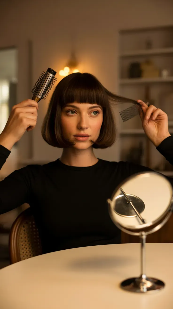 Blunt bob haircut with a full fringe on woman with thin fine hair
