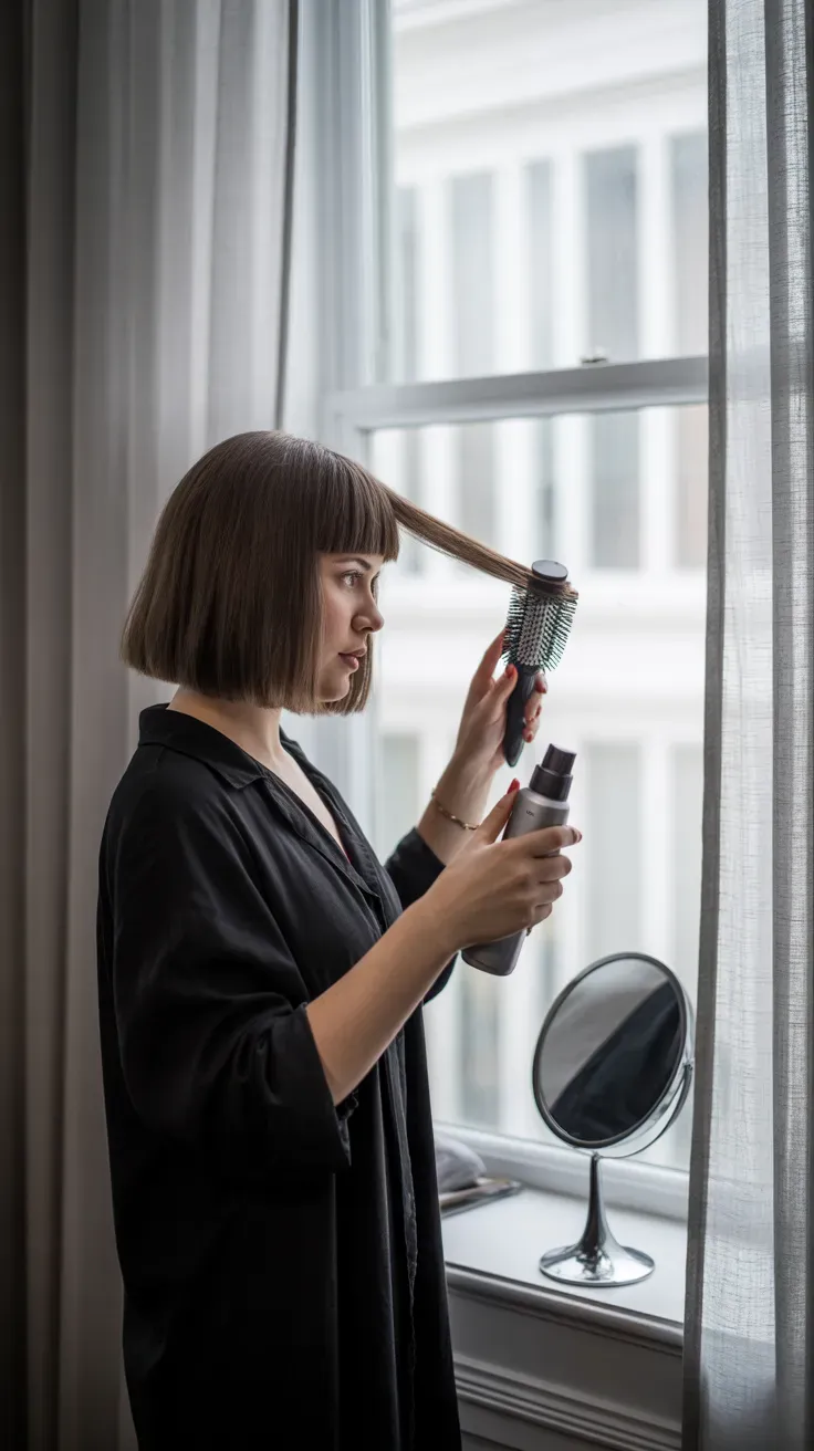 Bob haircut with a grown-out curtain fringe on woman with thin fine hair