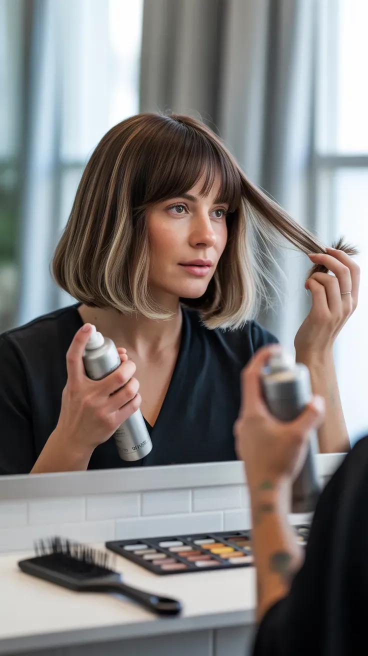 Bob haircut with fringe and subtle highlights on woman with thin fine hair