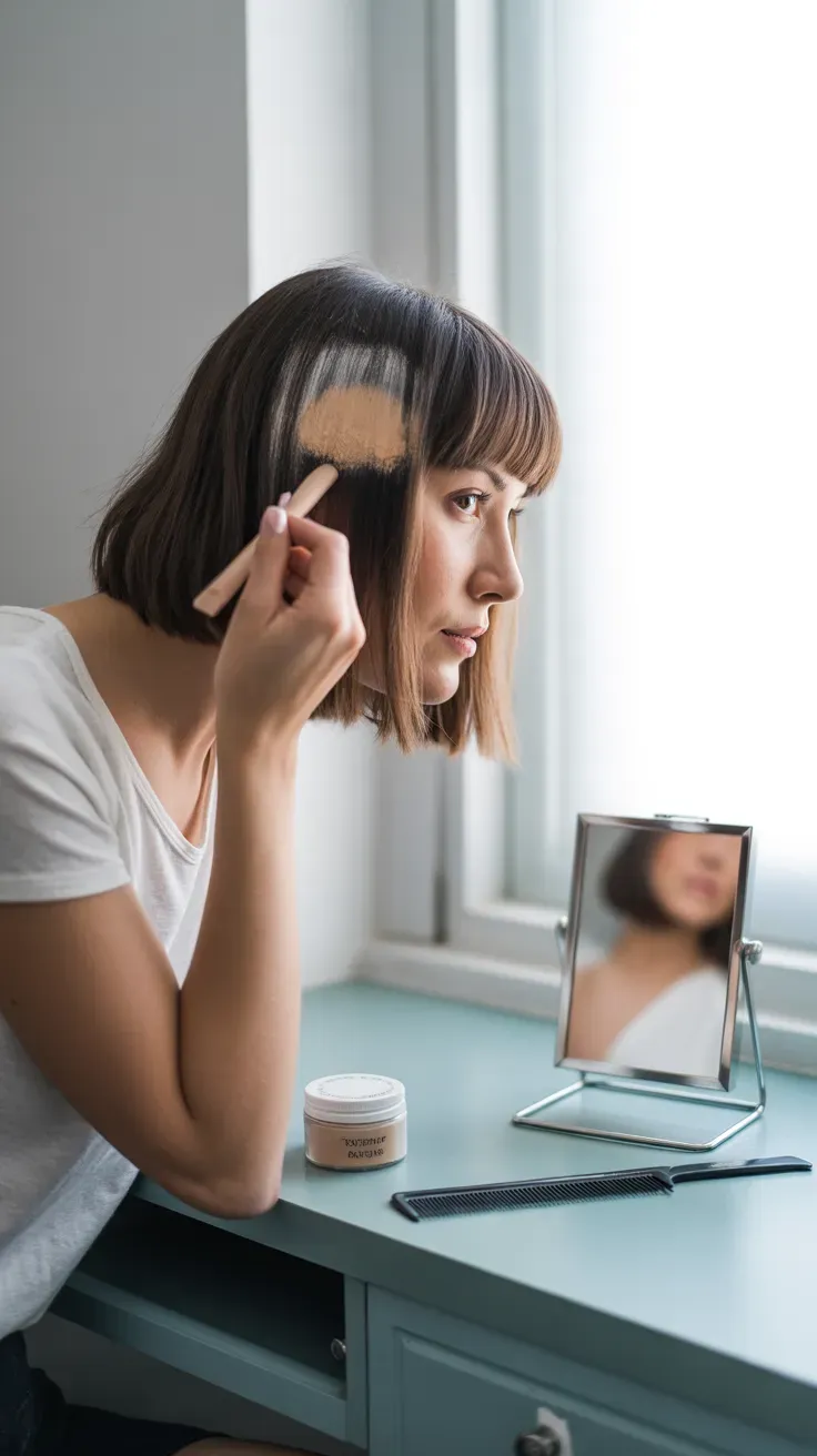 Bob haircut with fringe styled using root lift powder for thin fine hair