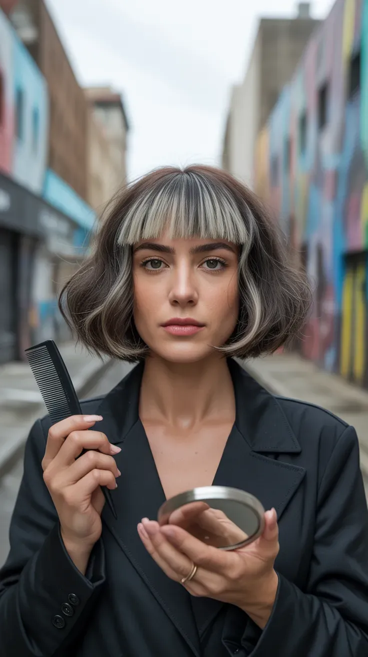 Bob haircut styled with root volume and a soft fringe on woman with thin fine hair