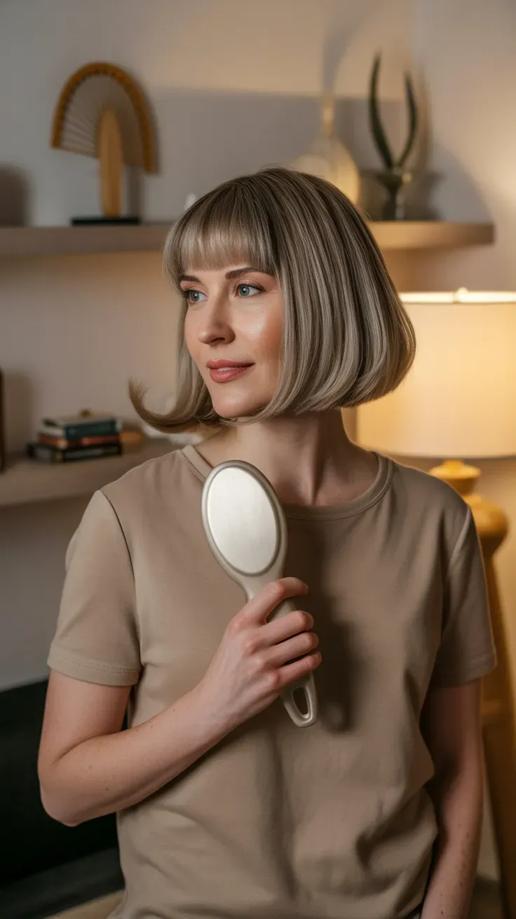 Bob haircut with a rounded fringe on woman with thin fine hair