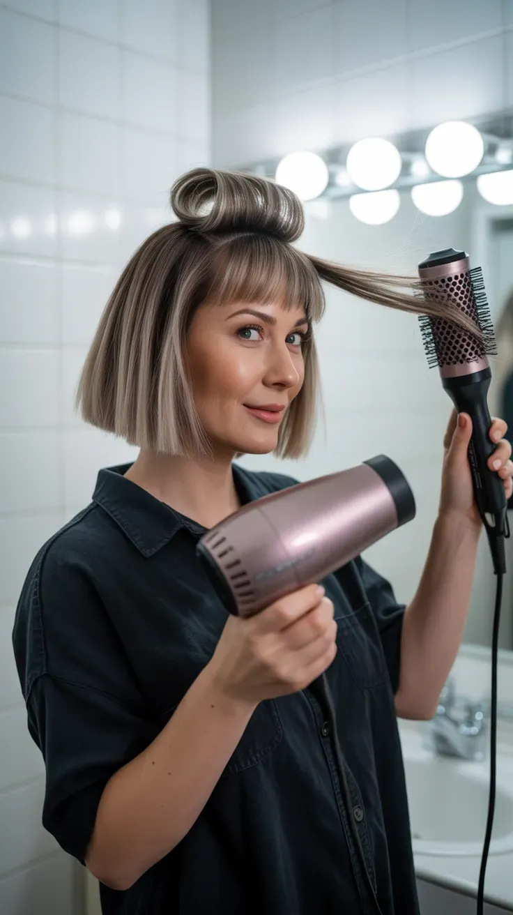 Bob haircut with a sharp angled fringe on woman with thin fine hair