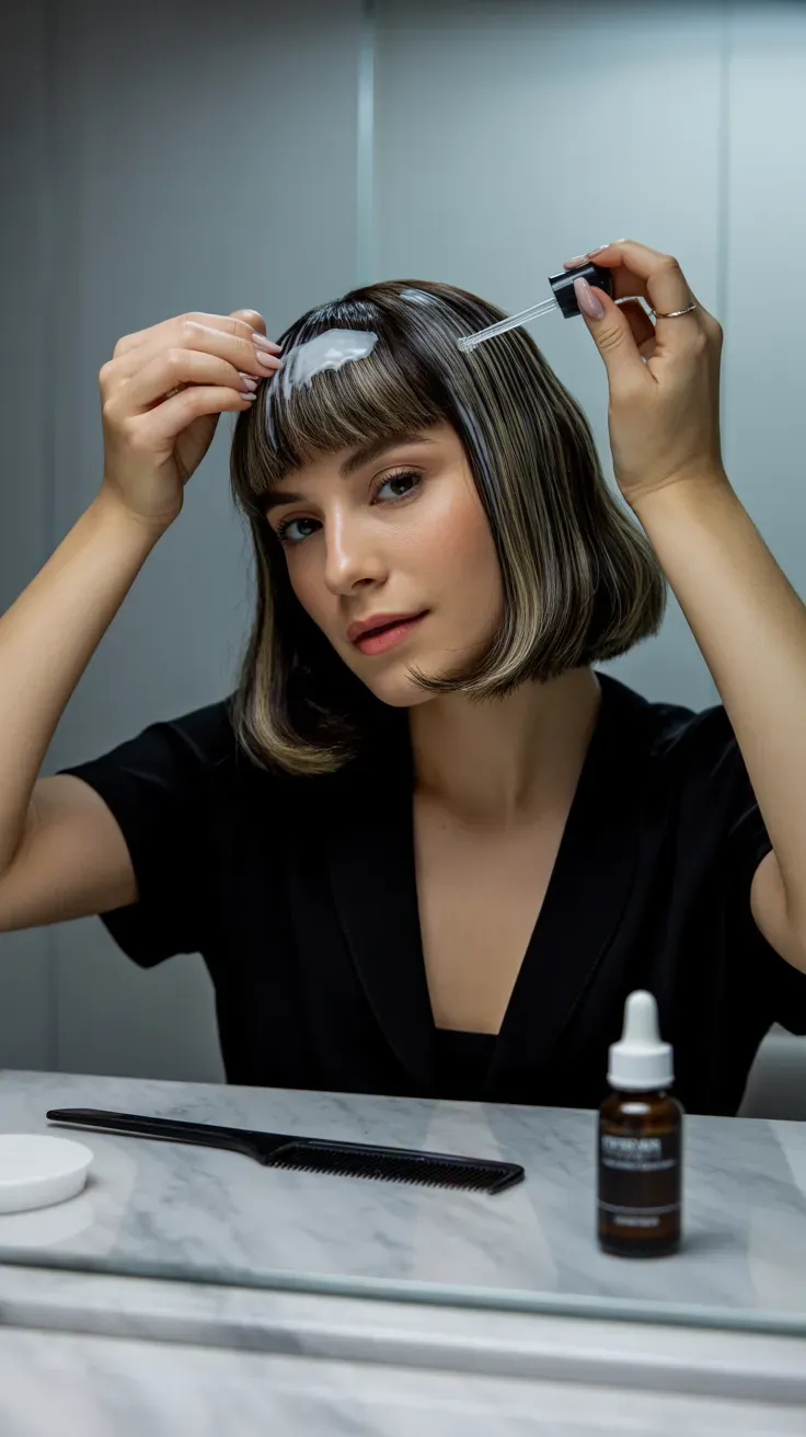 Bob haircut with fringe finished with a shine serum on woman with thin fine hair