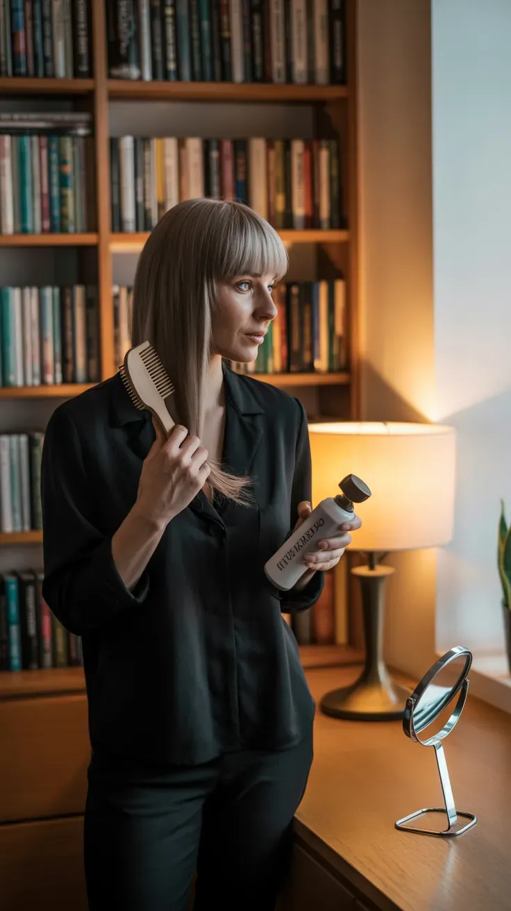 Long bob haircut with a long side-swept fringe on woman with thin fine hair