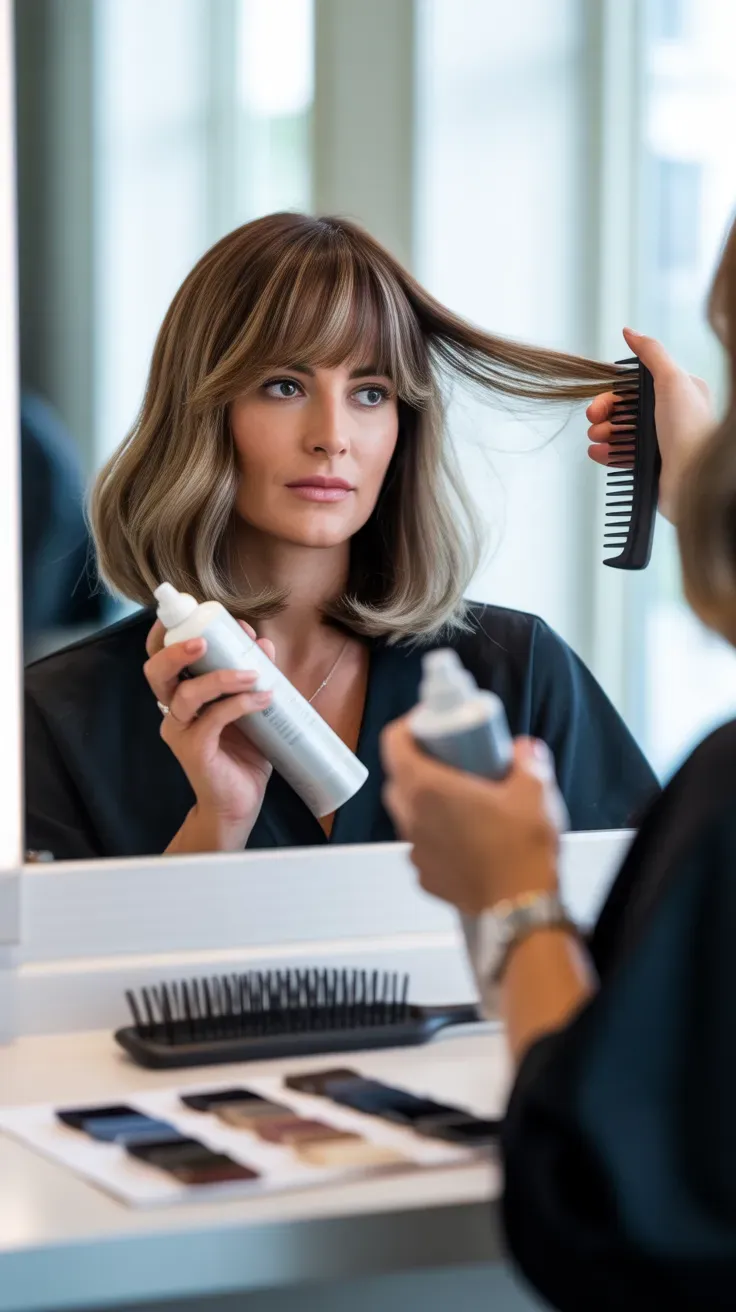 Bob haircut with subtle lowlights and a soft fringe on woman with thin fine hair