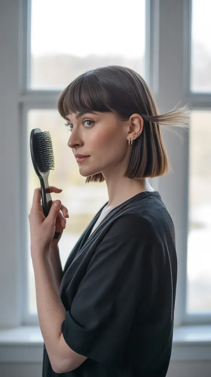 Bob haircut with a long fringe tucked behind the ear on woman with thin fine hair