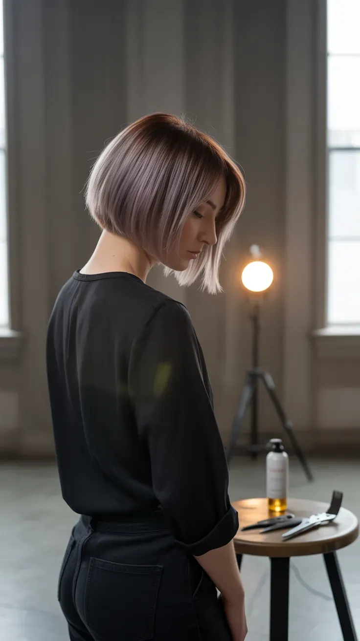 Bob haircut with subtle undercut and fringe on woman with thin fine hair