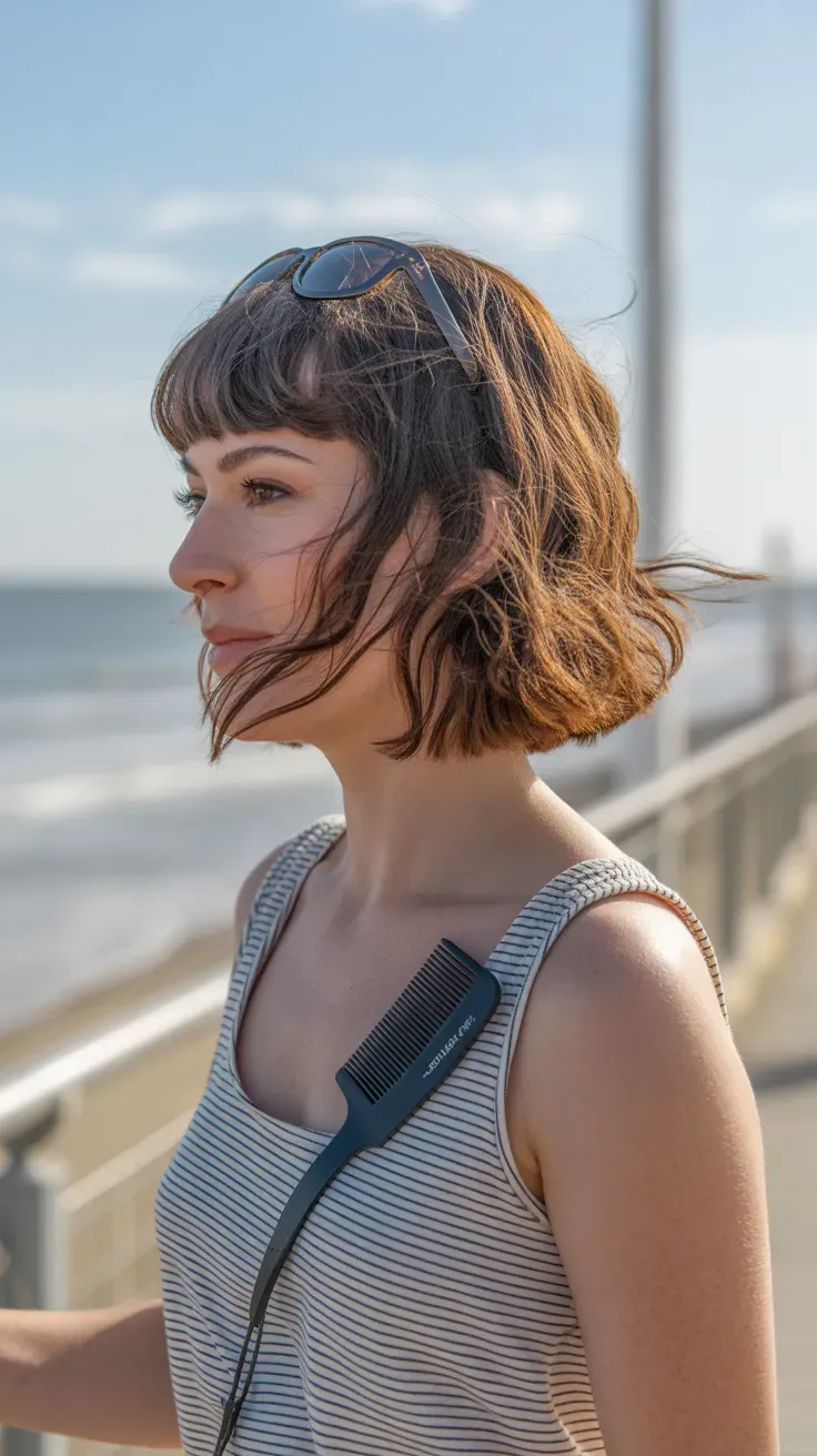 Bob haircut with a wavy textured fringe on woman with thin fine hair