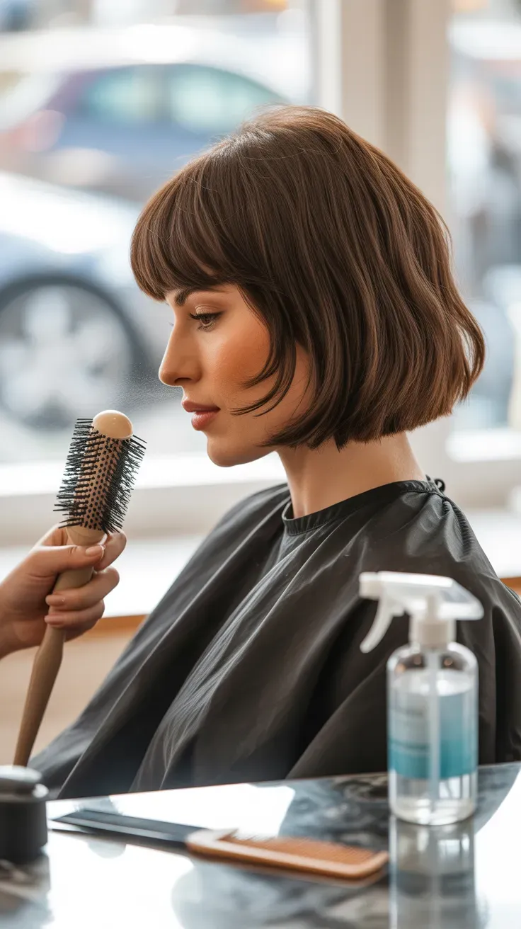 Woman with thin fine hair wearing a bob with wispy curtain bangs