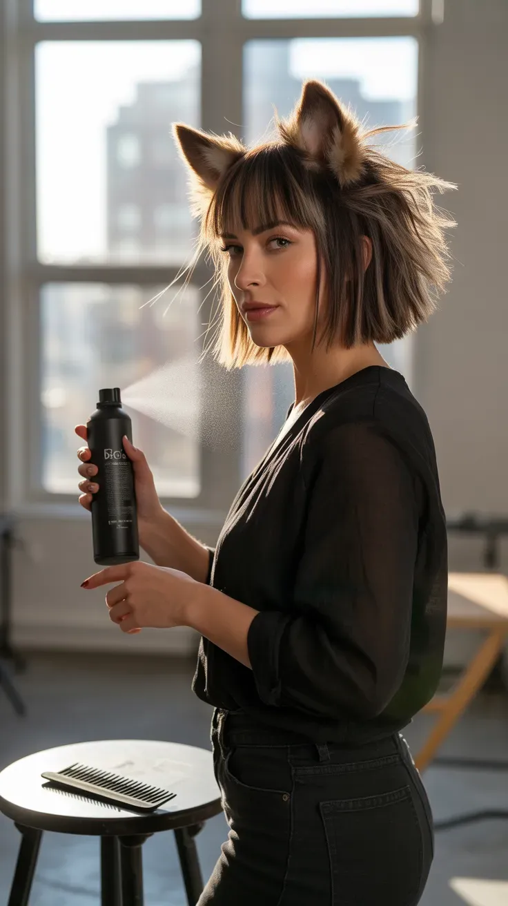 Wolf-inspired bob haircut with fringe on woman with thin fine hair