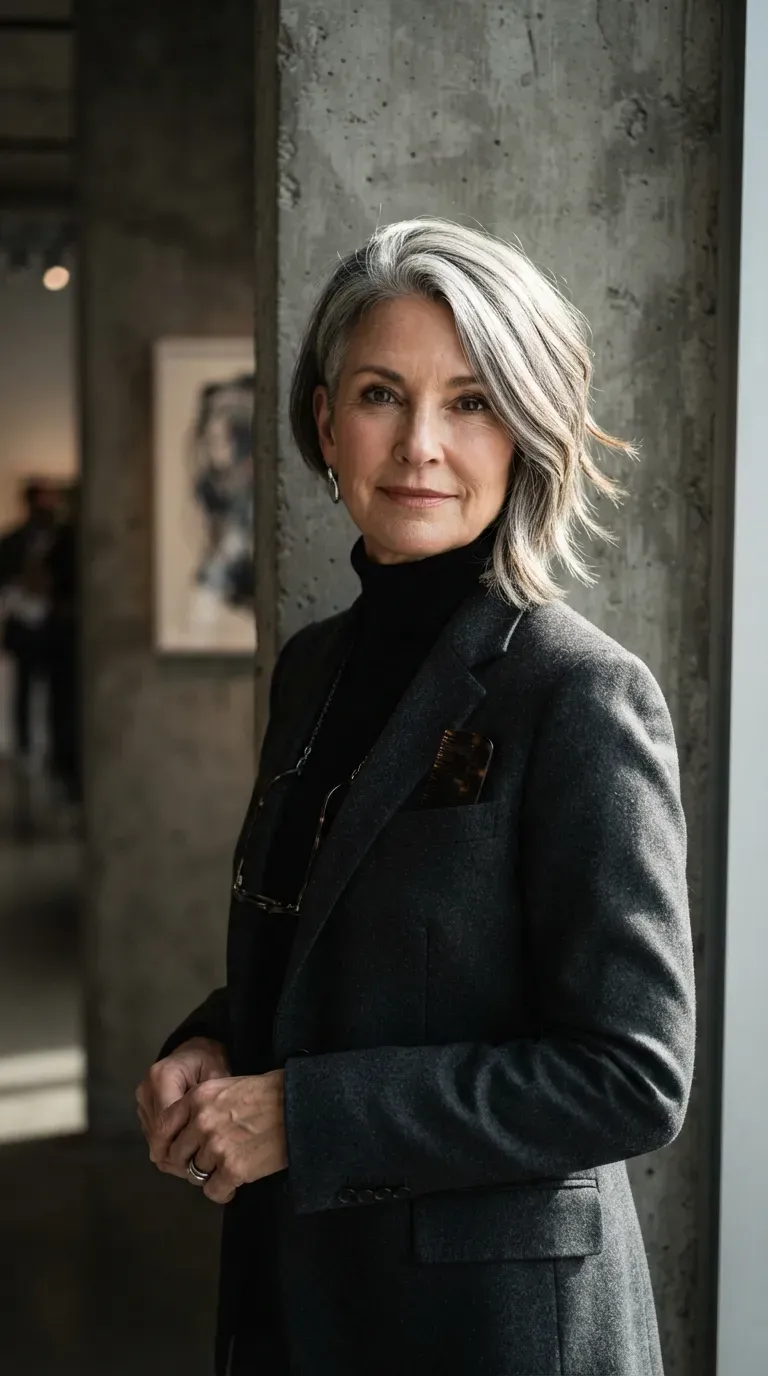 Asymmetrical bob haircut on woman over 60 with uneven layers