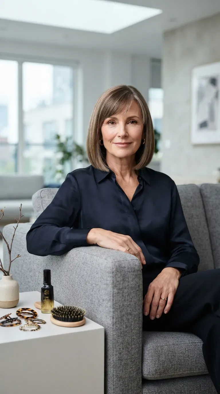 Blunt-cut bob haircut on woman over 60 with defined edge