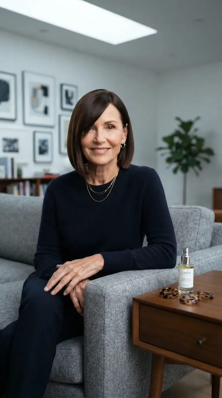 Bob haircut with blunt ends and a deep side part on woman over 60
