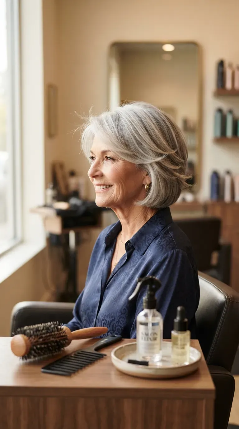 Woman over 60 with a classic layered bob haircut and soft volume