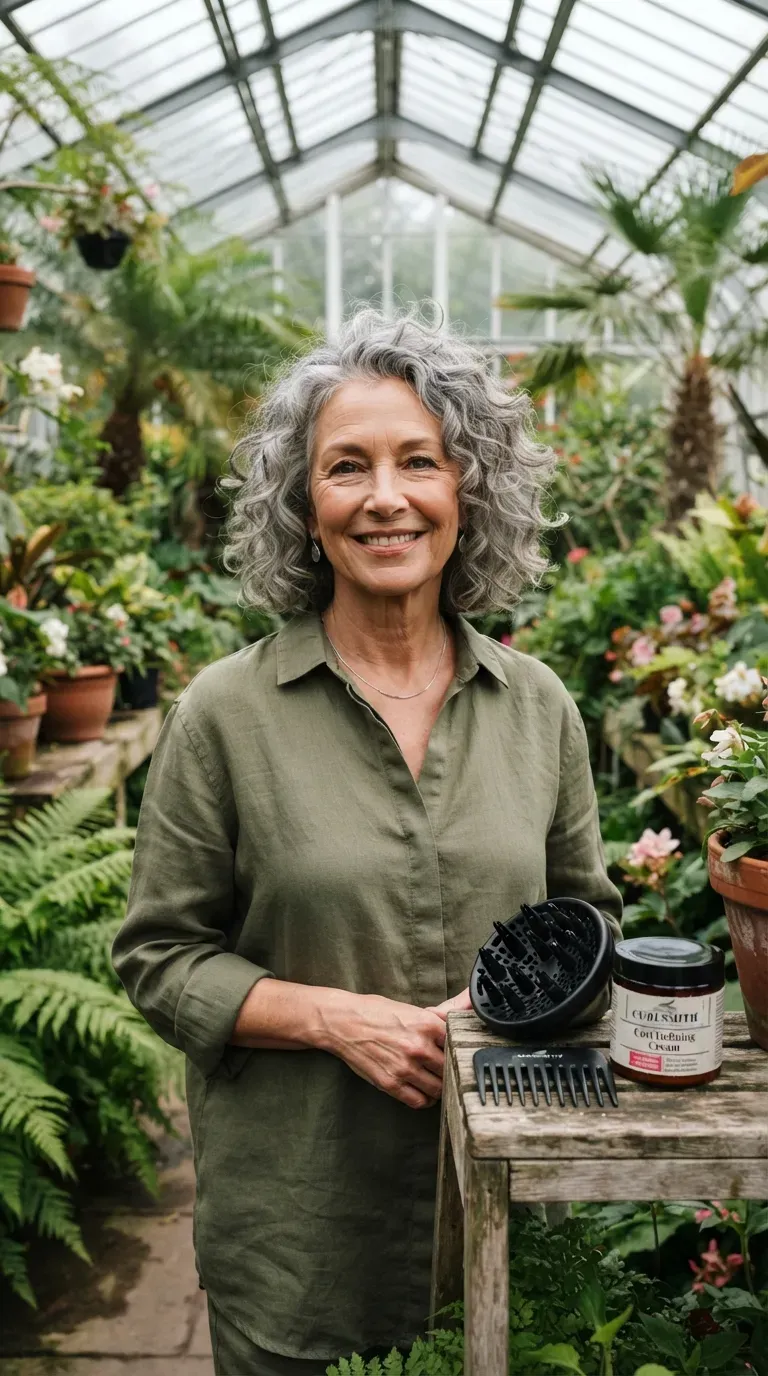 Curly bob haircut on woman over 60 with natural spiral texture