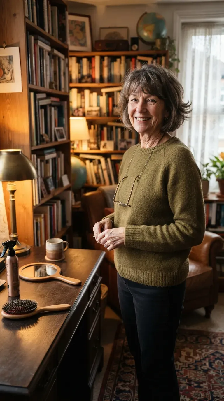 Bob haircut with curtain bangs on woman over 60