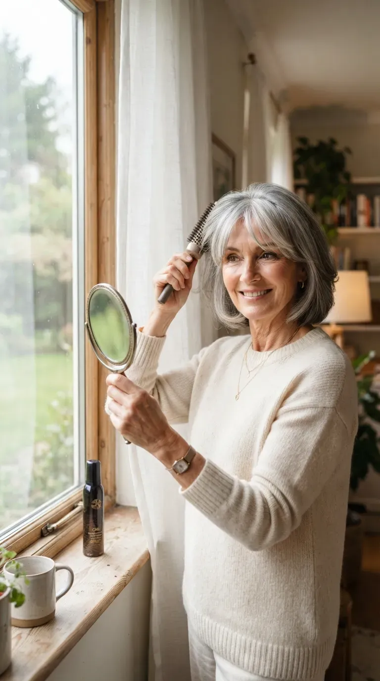Bob haircut with curtain fringe on woman over 60