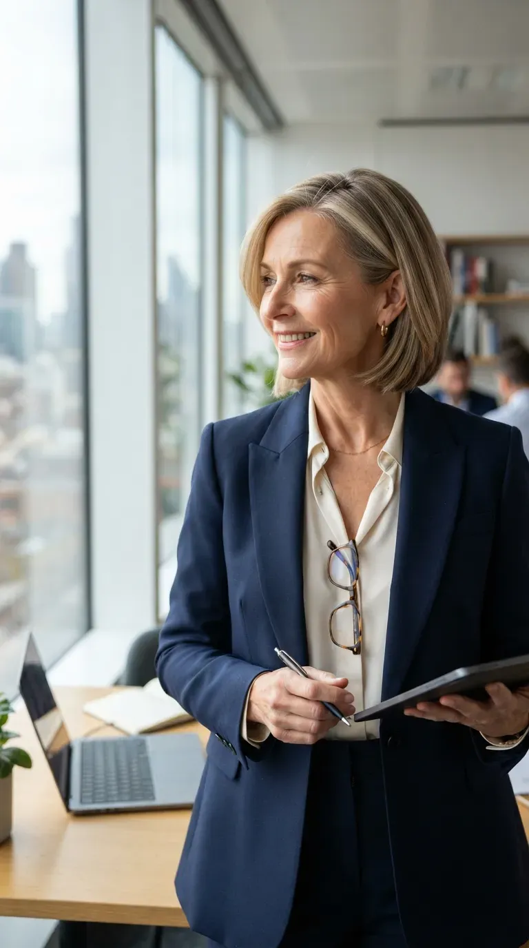 Bob haircut with a deep side part on woman over 60