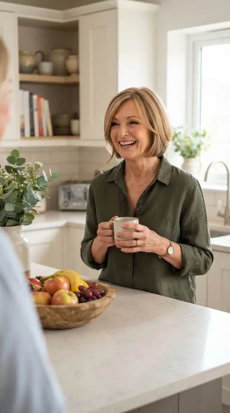 Bob haircut with face-slimming layers on woman over 60