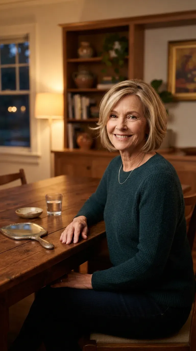Jaw-length bob haircut on woman over 60 with layered ends