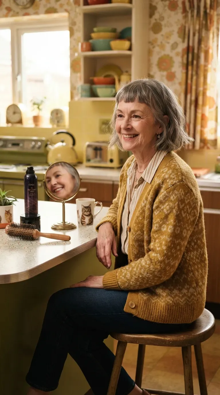 Bob haircut with micro bangs on woman over 60