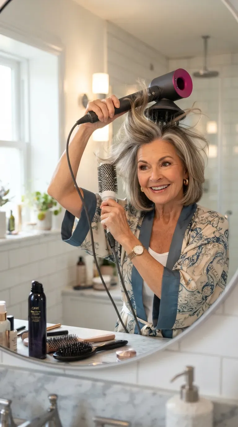 Bob haircut styled with a root volume blowout on woman over 60