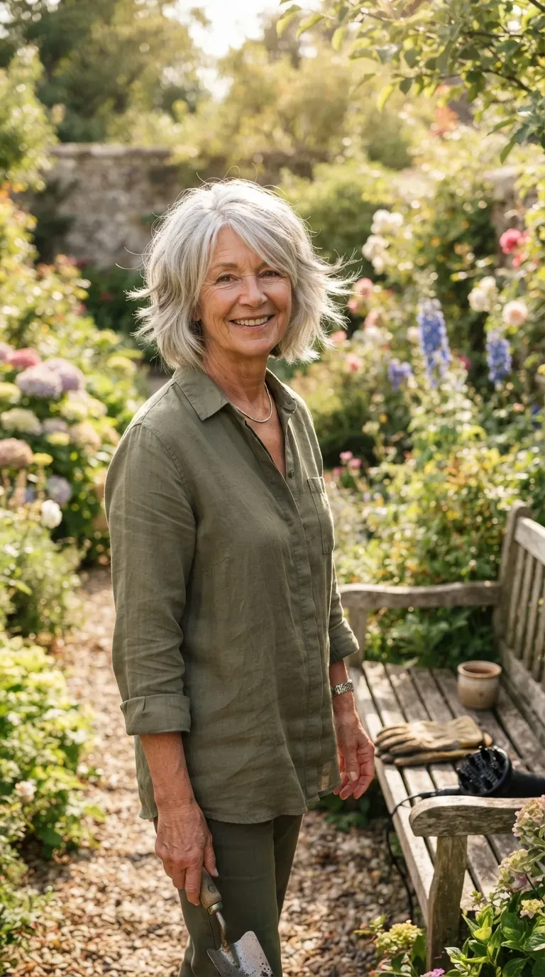 Textured silver bob haircut on gray-haired woman over 60