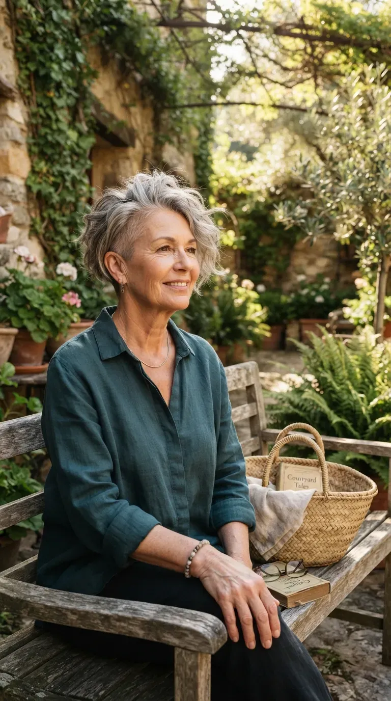 Bob haircut with soft undercut sides on woman over 60