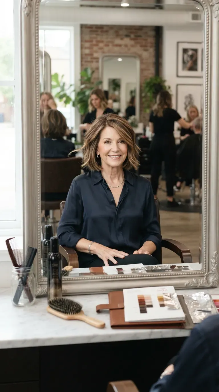 Bob haircut with subtle lowlights on woman over 60 for dimension