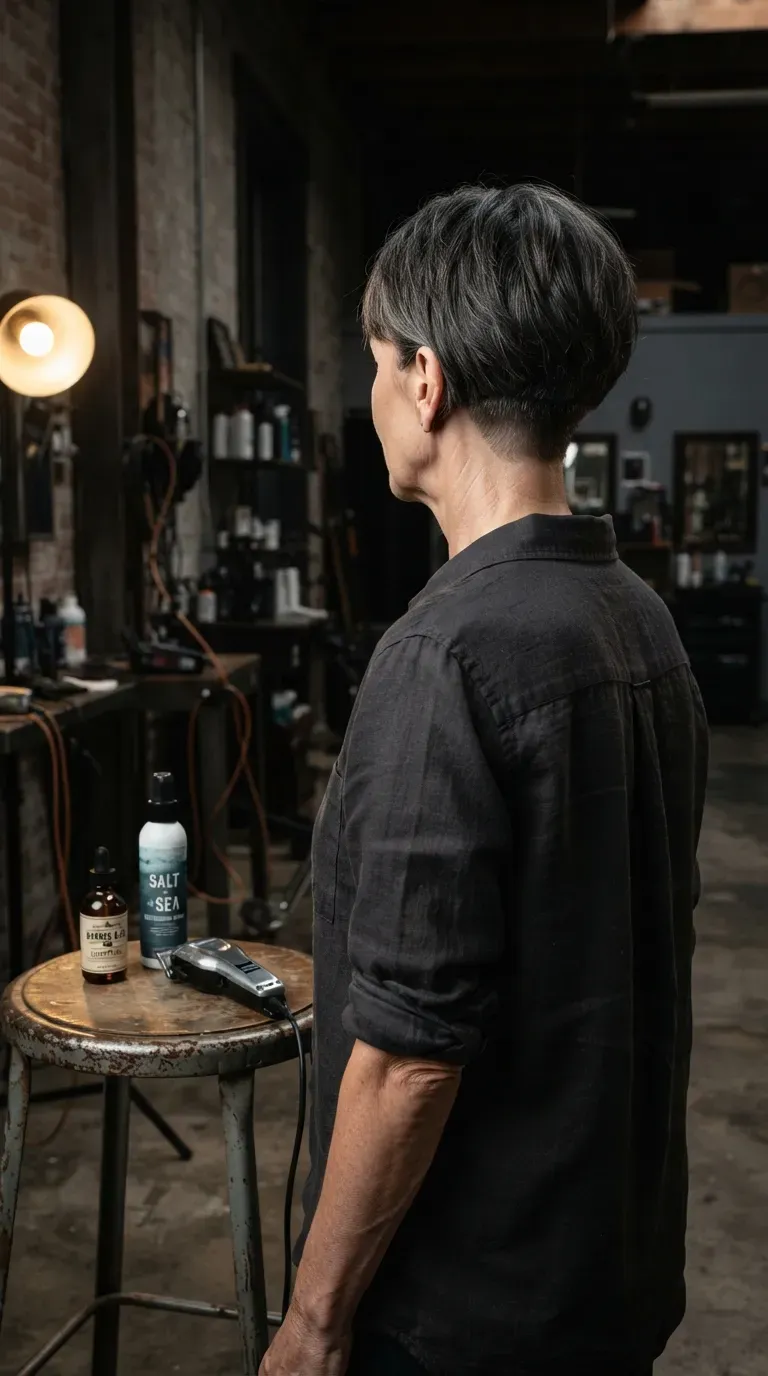 Bob haircut with subtle undercut detail on woman over 60
