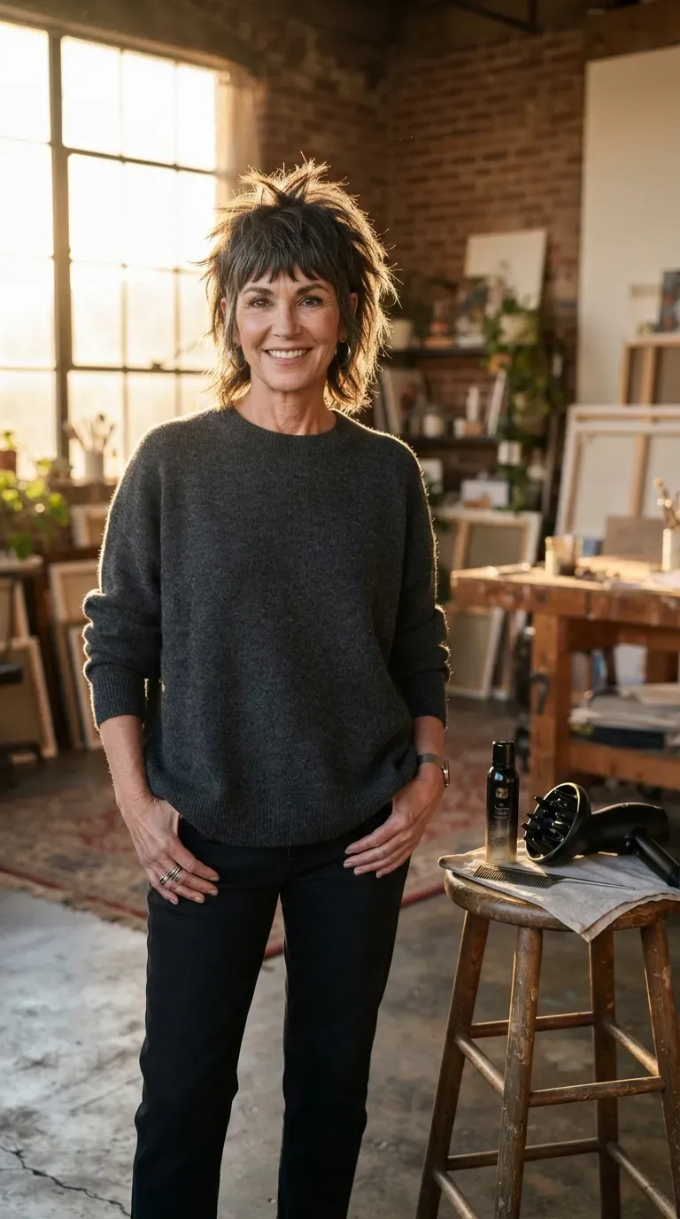 Wolf-inspired bob haircut with textured spiky layers on woman over 60