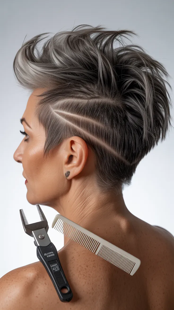 Woman over 50 with a bold spiky undercut featuring a dramatically shaved section