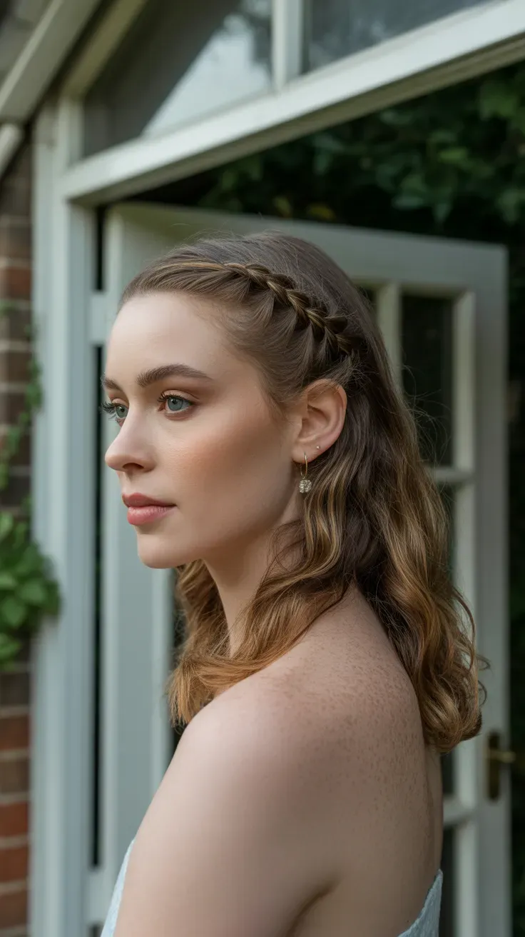 Woman with a small braided section woven into a wavy half-up hairstyle