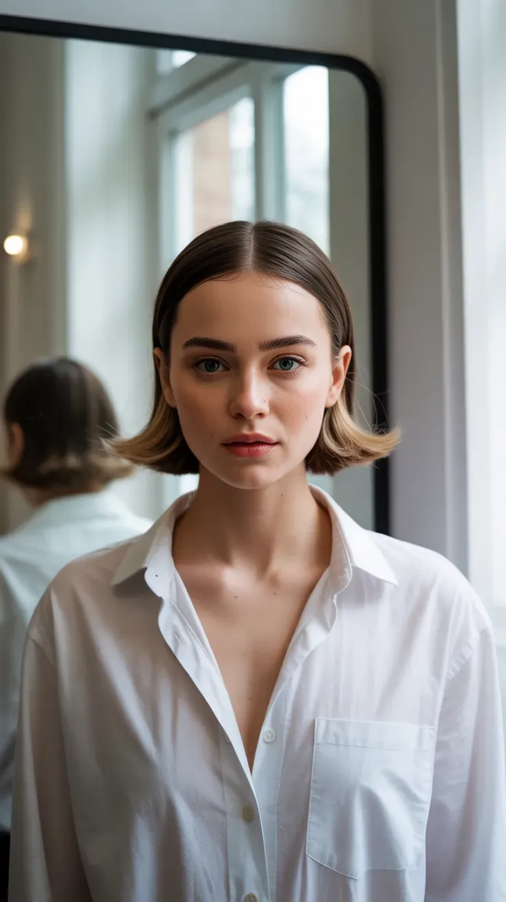 Woman with a center-parted bob showing lifted, textured roots