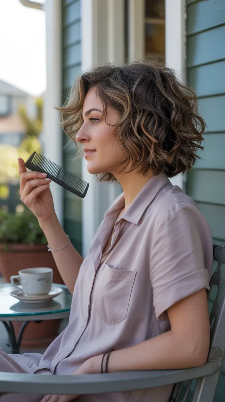 Chin-length bob haircut styled with natural air-dry waves on woman with fine hair