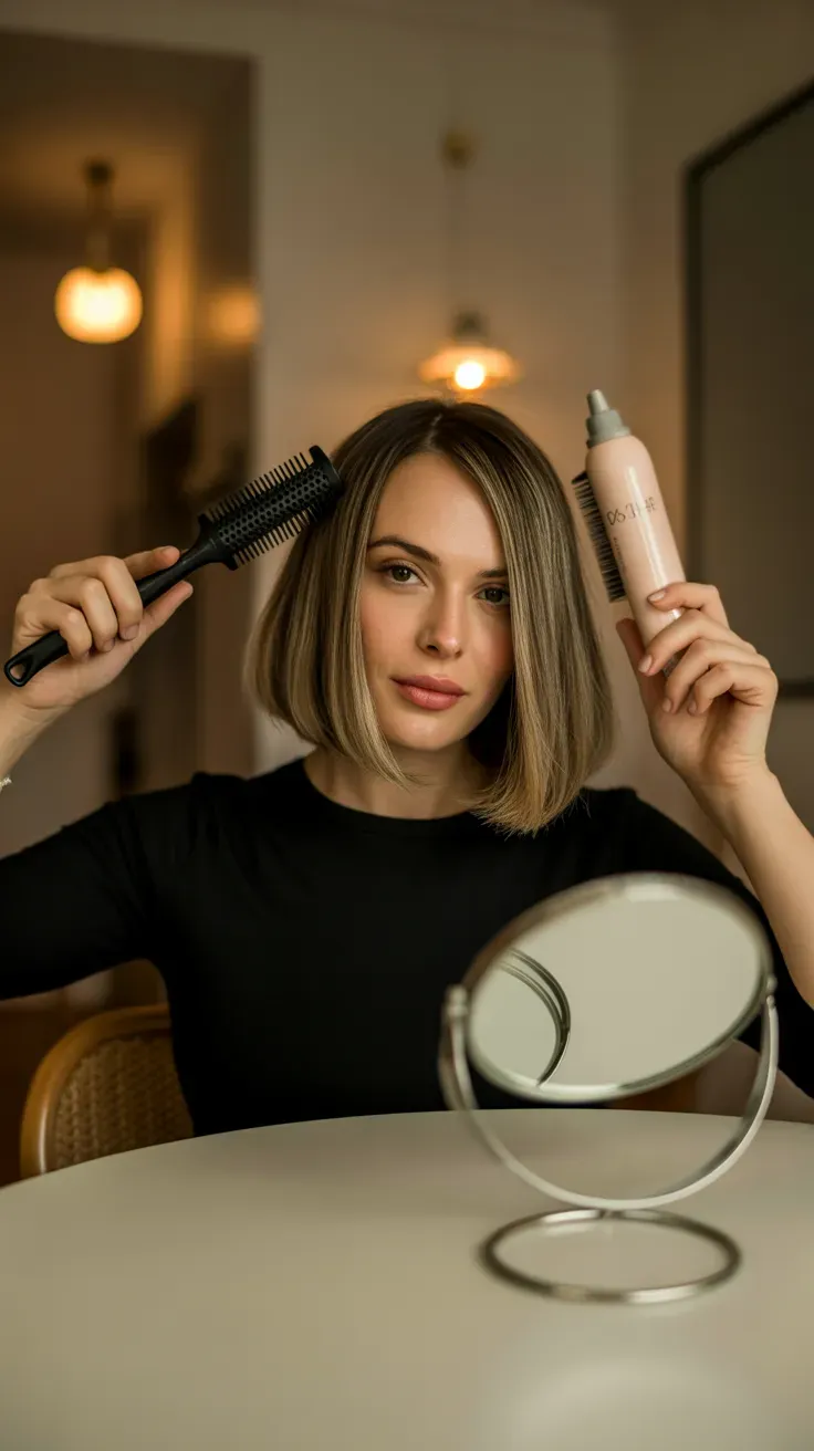 Angled chin-length bob haircut on woman with fine hair